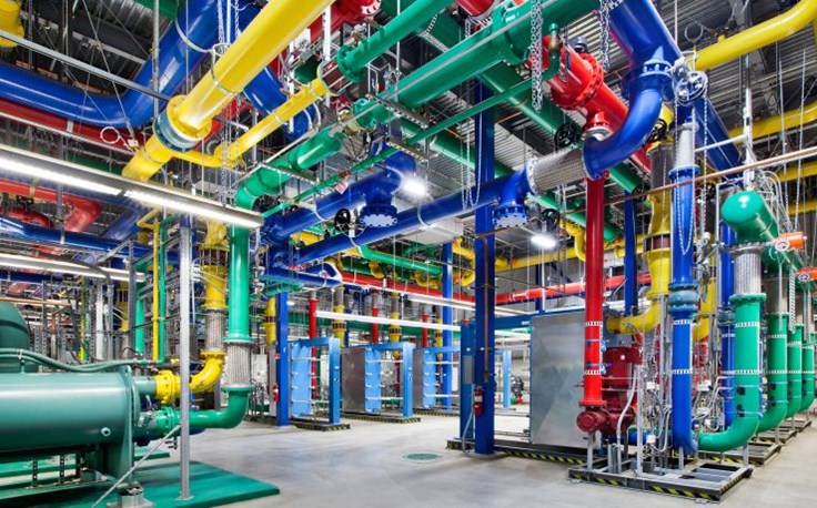 These colorful pipes are responsible for carrying water in and out of our Oregon data center. The blue pipes supply cold water and the red pipes return the warm water back to be cooled..jpg
